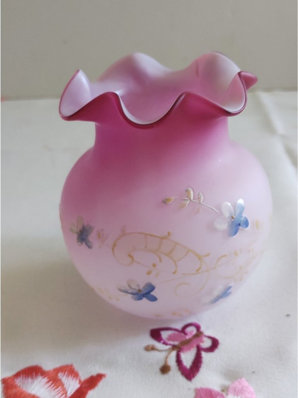 Pink Satin Glass Ruffled Edge Vase Hand Painted Florals Fenton 4 5/8" tall x 4 "